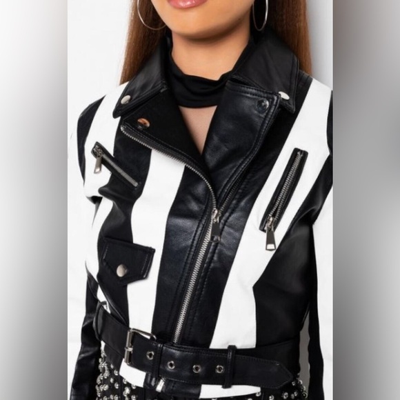 Black & White Crop Biker Jacket - Picture 3 of 4